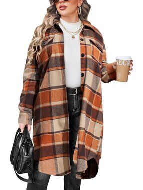 Orange Red Plus Size Long Sleeve Flannel Plaid Shacket for Women